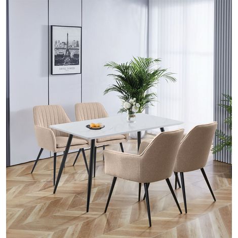 Hallowood Furniture Cullompton 4 Seater Dining Table and Chairs with Armrests, 120cm White Marble Effect Kitchen Table and Chairs Set 4 in Light Brown Fabric, Dining Room Sets for Home or Cafe (1/5)