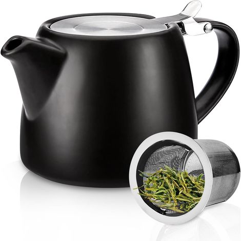 Théière céramique 500 ml, infuseur inox amovible, mailles fines (noir)