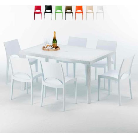Table Rectangulaire Blanche 150x90cm Avec 6 Chaises Colorées Grand Soleil Set Extérieur Bar Café Paris Summerlife - Blanc (1/5)