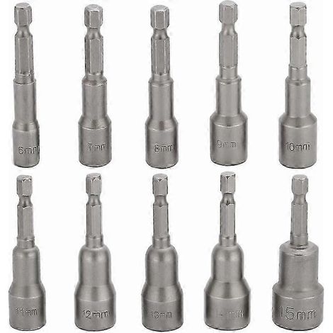 Jeu de 10 douilles magnétiques hexagonales pour visseuse à percussion (6-15 mm), avec mandrin à changement rapide 1/4" (2025) (1/5)