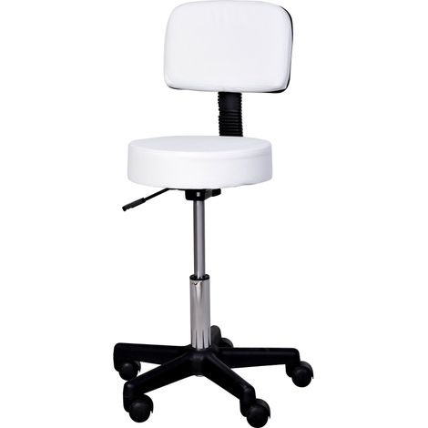 Tabouret roulant réglable en hauteur avec dossier, pivotant de 72 à 84 cm, pivotant à 360°, idéal pour le bureau, les salons de coiffure, les spas et les massages. Couleur : blanc. (1/5)
