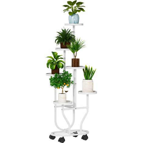 FIANAO – Pflanzenständer mit Rollen – sechstufiger Eisen Blumenregal, Eckregal für Topfpflanzen, bewegbar, für Wohnzimmer Balkon und Garten, 42 × 23 × 119 cm, Weiß (1/5)