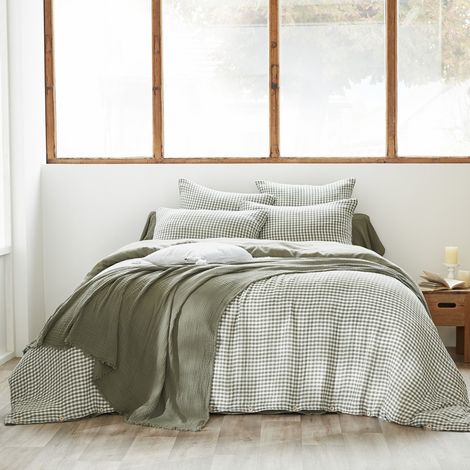 Housse de couette 240x220 gaze de coton carreaux kaki Terre de Nuit Vichy