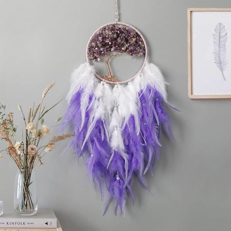 Attrape-rêves artisanal en cristal de Bohème, Arbre de Vie avec plumes, décoration murale chambre mariage, violet (1/5)