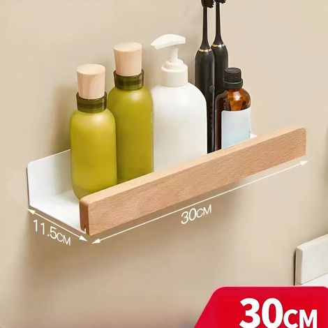Étagère de rangement murale en bois de hêtre (30 cm) - Blanc brut - Lumière douce - Style luxueux - Non perforée (1/5)