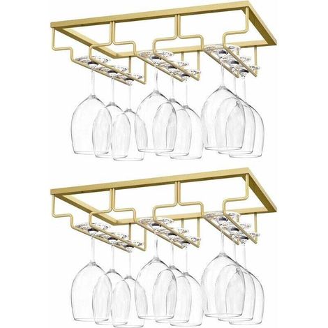 Hanging Stemware Rack, [2 Pcs] Hanging Wine Glass Holder with 3 Rails for Under Shelf, Glass Cabinet, Chrome Wall Hanging, Kitchen Bar - Gold