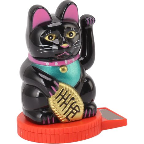 Solar-Katzenfigur mit winkendem Arm und erhobener Pfote, Glücksbringer, Symbol für Reichtum und Glück. Schwarze Katze. (1/5)