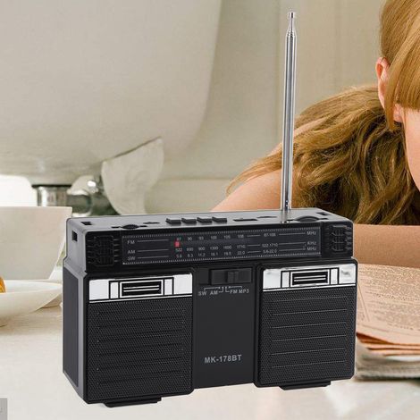Radio portable AM/FM/SW avec haut-parleur Bluetooth, rechargeable, pour la maison, les voyages et les activités de plein air (noire). (1/3)