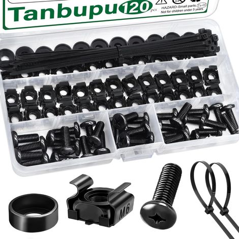 Viti per rack, M6, confezione da 120 pezzi, rack zincato nero, montaggio a gabbia, dadi, viti + rondelle, viti a corona (1/2)