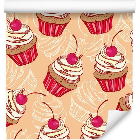 Papel pintado de cupcakes de cereza para salón y dormitorio, 50x1000 cm. (1/5)