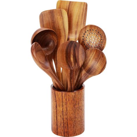 Ensemble d'ustensiles de cuisine en bois avec boîte de rangement, bois naturel — (1/5)