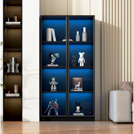 Vitrine 80x40x160 cm schwarz aus Spanplatte und Glas mit LED-Beleuchtung und verstellbaren Einlegeböden (1/5)