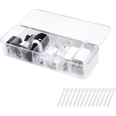 Caja transparente para la gestión de cables con 7 compartimentos y 14 bridas, apta para uso doméstico y de escritorio. (1/5)