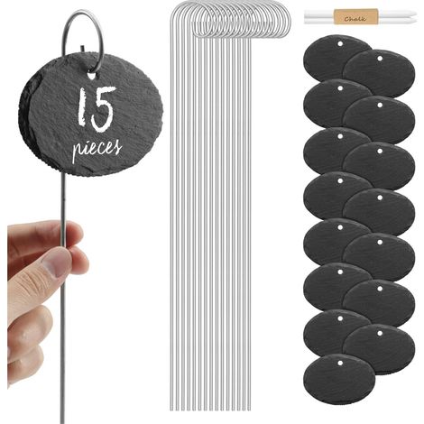 15 - Étiquette Ardoise - Marque-Plante - Tige Métal 40 cm - Format Ovale 10 x 7 cm - Pour Jardin Balcon Potager Fleurs Légumes - Noir (1/5)
