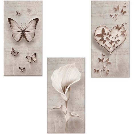 Lupia - Set 3 Quadri su Tela CANVAS DAY SHABBY 38x75 cm cuore, fiore e farfalla tortora, Stampa Vivida, Pronto da Appendere, Decorazione per Soggiorno, Capezzale Testiera Camera da Letto, Cucina, Uffi (1/4)