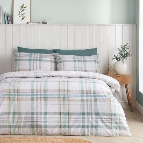 Parure de lit Double réversible à Carreaux avec Housse de Couette et taies d'oreiller Vert Doux (1/4)