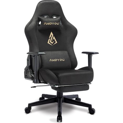 Andyou Gaming Stuhl mit Fußstütze und Lendenkissen Schwarz (1/5)