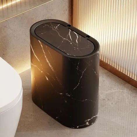 Poubelle de salle de bain avec couvercle, petite poubelle en plastique à motif marbre et bois avec couvercle pour salle de bain, corbeille à papier étroite et moderne pour la maison, l'intérieur et l' (1/3)