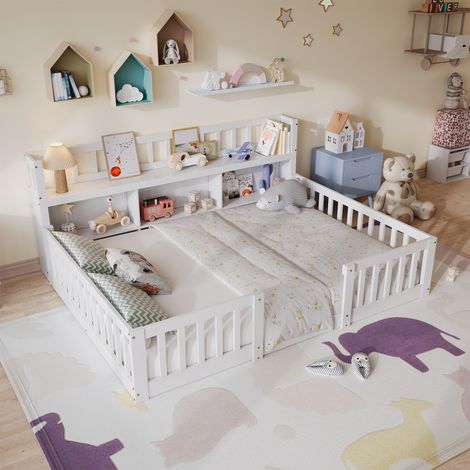 Bett 140x200 cm – Mitwachsendes Bett aus Massivholz – Kinderbett mit Ablagefächern und Montessori-Sicherheitsgitter – Weiß