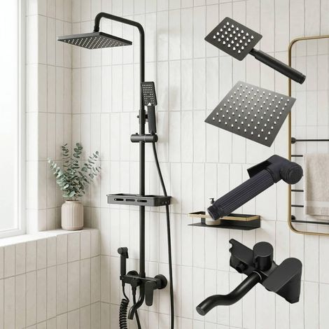 Colonne de douche avec robinet, système de douche de pluie carrée hauteur 70-110 cm, 4 modes en acier inoxydable, pommeau de douche supérieur/douche à main pour salle de bain (1/5)