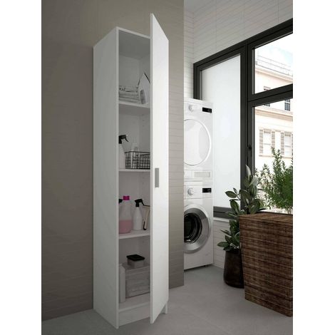 Armario auxiliar para Baño multiuso con una Puerta abatible con empuñadura metálica en color Blanco Mate 38x180x38 cm (1/5)