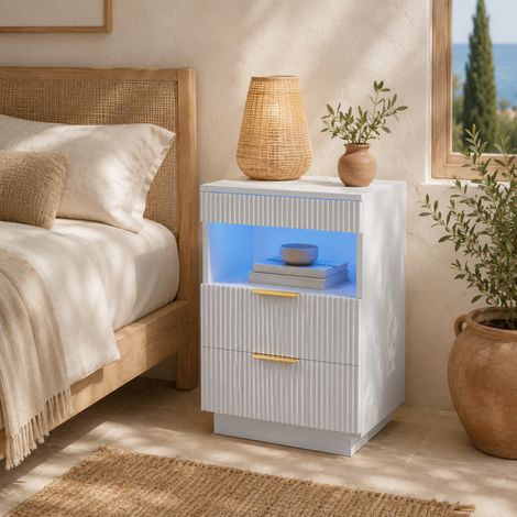 Tables de chevet 40x40x60cm – Tables d’Appoint-Compartiment Ouvert-3 tiroirs – LED 2 prises CA et 1 ports USB 1 type C -Blanc nuage-Blanc (1/5)