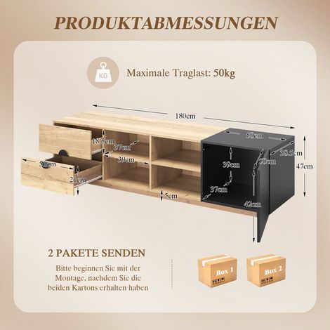 Meuble téléviseur noir contrasté en bois – Meuble TV avec tiroir, étagère ouverte et placard fermé. Étagères en escalier pour accès pratique. Parfait pour salon et zone de divertissement. (1/4)