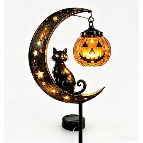 Lampe solaire de jardin « Chat noir et citrouille sur croissant de lune » pour Halloween – Décoration LED d'extérieur étanche (1/5)
