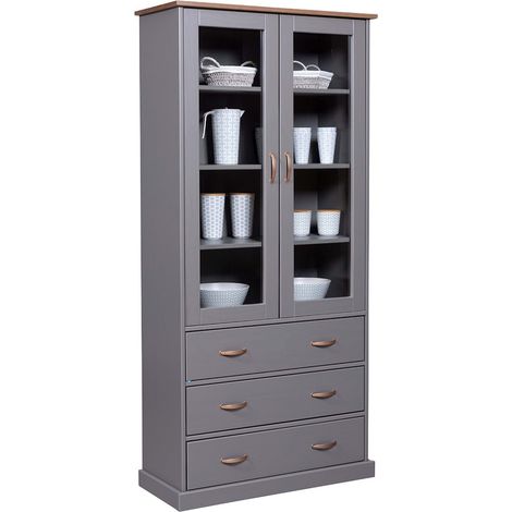 MELINA - Vitrine 2 Portes 3 Tiroirs en MDF Laqué Gris Foncé (1/5)