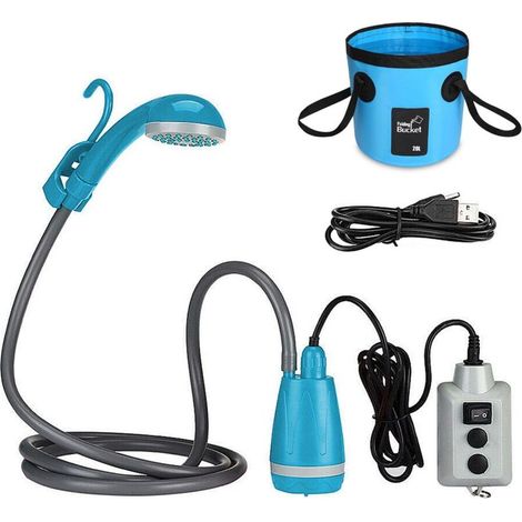 Douche Extérieure Portable Rechargeable 2200 mAh, Seau Pliable 20 L, Débit 3,5 L/min, Tuyau 2 m Avec Crochet (1/5)