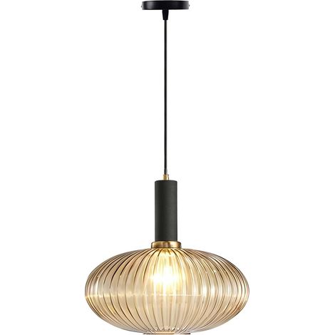Suspension Moderne Verre Strié Ambre 30cm, Lustre Suspendu E27 pour Cuisine Îlot, Salle à Manger, Chambre