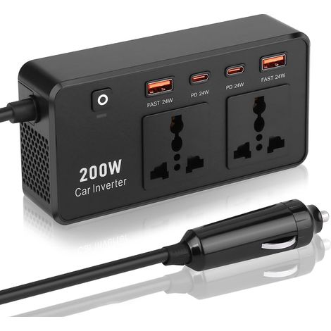 200W Car Power Inverter 12V to 240V, DC to AC, Voltage Transformer, Cigarette Lighter Adapter with USB C PD, Fast Charging and Universal AC Plug for Phones (1/5)