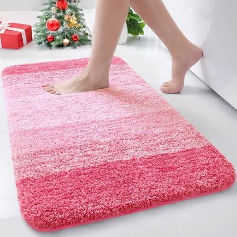 Tapis de bain rectangulaire rose en microfibre à poils longs, antidérapant, absorbant et lavable en machine, 61 x 41 cm.