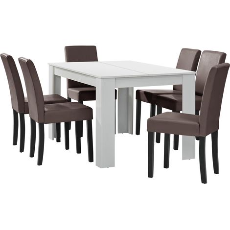 Essgruppe Forssa 7-tlg 140x90 cm Weiß/ Braun [en.casa]