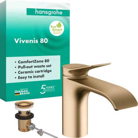 Mitigeur de lavabo avec tirette de vidage, robinet de salle de bain avec bec hauteur 80 mm, mitigeur lavabo économe en eau, bronze brossé (1/5)