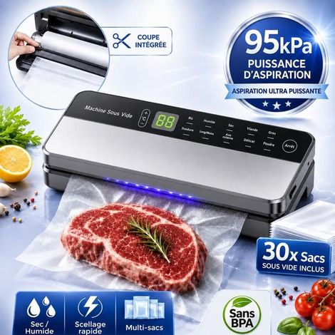 Machine Sous Vide 95KPA, Scelleuse 12 Modes avec Cutter Intégré, 30 Sacs Inclus, Conservation Aliment Sec et Humide, Tactile (1/5)