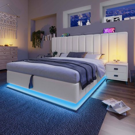 Lit coffre 160x200 cm en pu blanc avec led contrôlée par app, usb-c, sommier à lattes et matelas inclus (1/5)