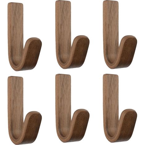 Lot de 6 crochets muraux autocollants en noyer, crochets adhésifs en forme de J, porte-clés muraux robustes en bois naturel, pour salle de bain, chambre ou entrée.