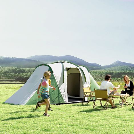 Tente Personnes Chambres Camping Imperméable 3000 Mm Mobilier Intérieur Vert Gris 555x225x190cm