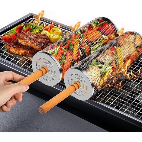 Panier de Barbecue en Acier Inoxydable Avec Poignée Amovible, Panier à Barbecue Roulant, Accessoires Grille à Legumes, Ustensiles Grill de Cuisine Exterieur Camping, Cadeau Anniversaire Homme Papa