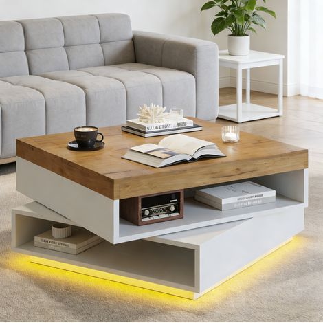 Mesa de centro cuadrada 65 x 65 x 40 cm giratoria 360°, LED, MDF blanco y madera HAVRYA (1/5)