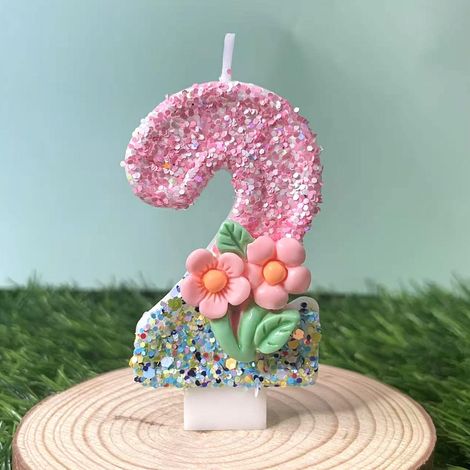 Lot de 2 bougies d'anniversaire en forme de fleur rose avec paillettes, pour 2e anniversaire, avec plateau et baguette, une bougie pour le 2e anniversaire, décoration de gâteau et cadeaux (1/5)