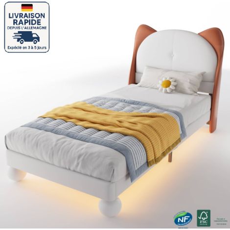 Letti singoli 90x200 cm, letti per bambini, a forma di orecchie di gatto, LED, velluto, senza materasso, beige + giallo marrone (1/5)