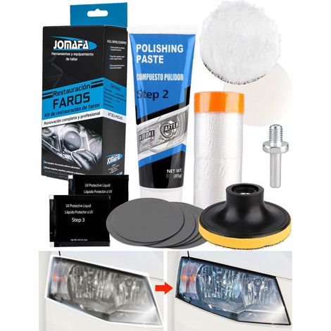 Kit de restauracion de faros con lijas, pulimento, discos de lana y protector