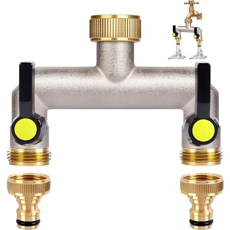 Distributeur d'eau 2 voies pour robinet - Poignée allongée - Distributeur d'eau 3/4" - En laiton - Avec 2 raccords de robinet de 3/4" vers 1/2" - Pour maison, cour, machine à laver (1/5)