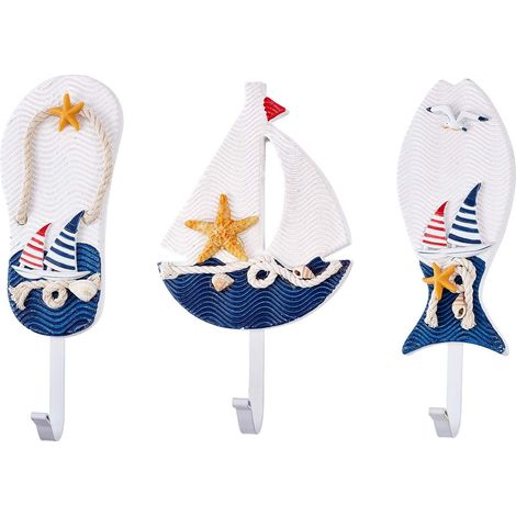 BEBUSINGOTO 3 pièces 223238mm Bois Style Méditerranéen Crochets Muraux Prussien Bleu Poisson Voilier Pantoufle Forme Crochets Muraux patères Nautiques pour Serviette Robe Manteau Chapeau Crochet (1/5)