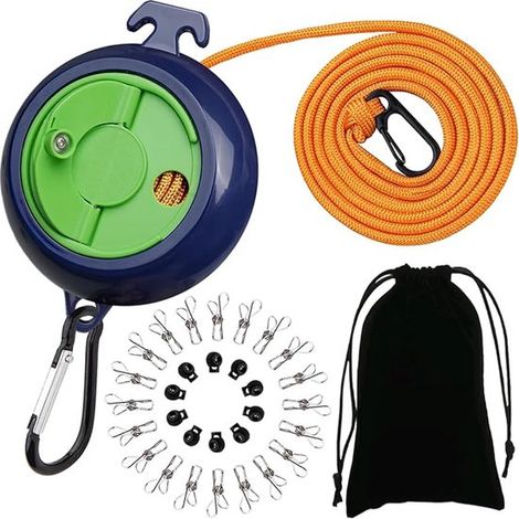 Ausziehbare Wäscheleine,tragbare Wäscheleine,Reisewäscheleine 10 m,10 Halteschlaufen und 20 Clips,für Outdoor-Camping-Reisezubehör (Grün-B)