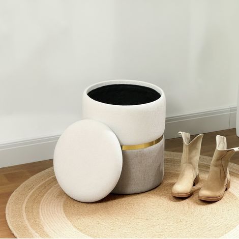 Pouf de rangement Ø 36 x 44 cm avec couvercle, chenille, anneau métal, blanc crème HAVRYA (1/5)