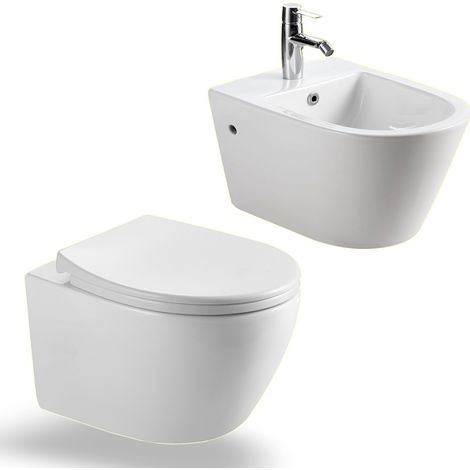 HOROW Toilette und Bidet Set Spülrandlos Hänge Wand WC mit softclose WC-Sitz abnehmbar + Hänge Bidet