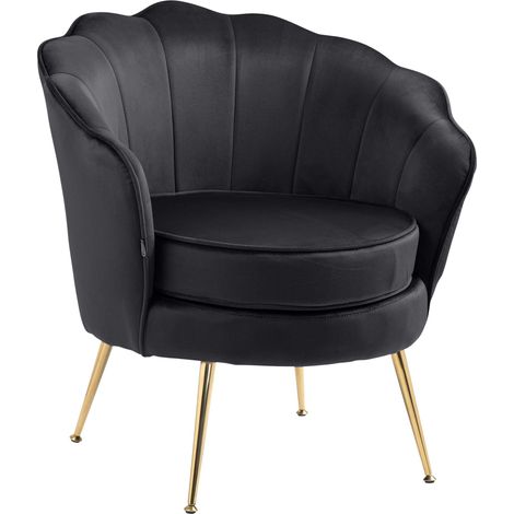 Poltrona lounge sedia imbottita con cuciture decorative rivestimento in velluto nero e gambe in metallo dorato FAL101558